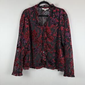 Coldwater Creek Mesh Crinkle Burnout Velvet Top Women L Red Ruffle Button-Up